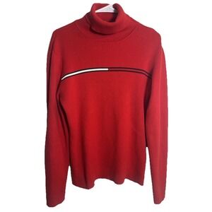 Vintage Tommy Hilfiger XL Red Ribbed Turtleneck Sweater‎ Stripe Detail 90s Y2K